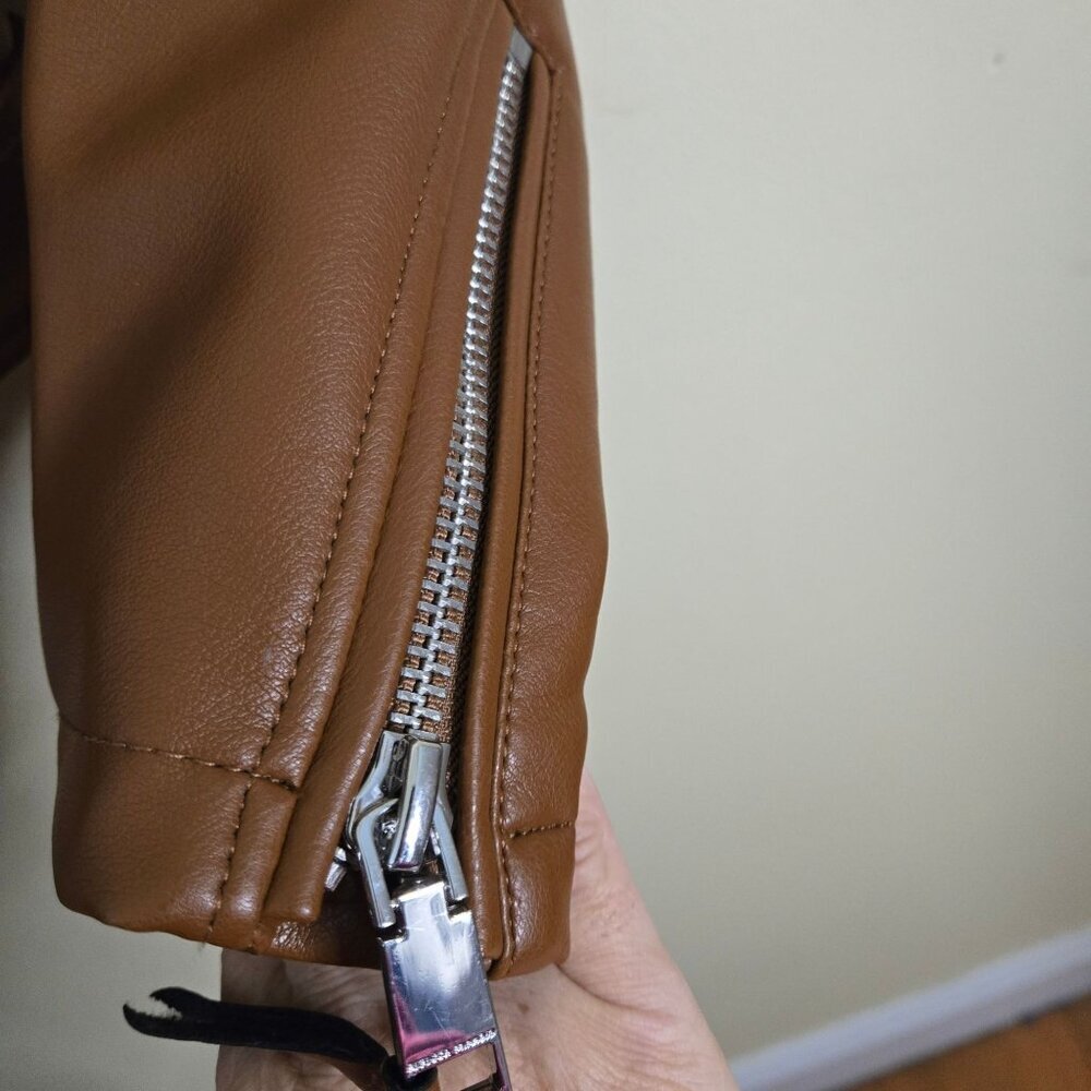 Rebecca Minkoff Faux Leather Cognac Brown Moto Jacket Belted Biker Size S - Picture 5 of 7